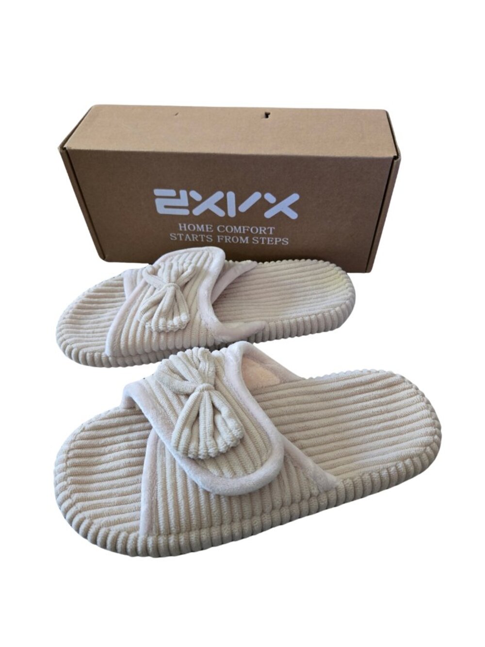 NIB Beige Corduroy Bow Hard Bottom Slide Slippers House Shoes 9/10